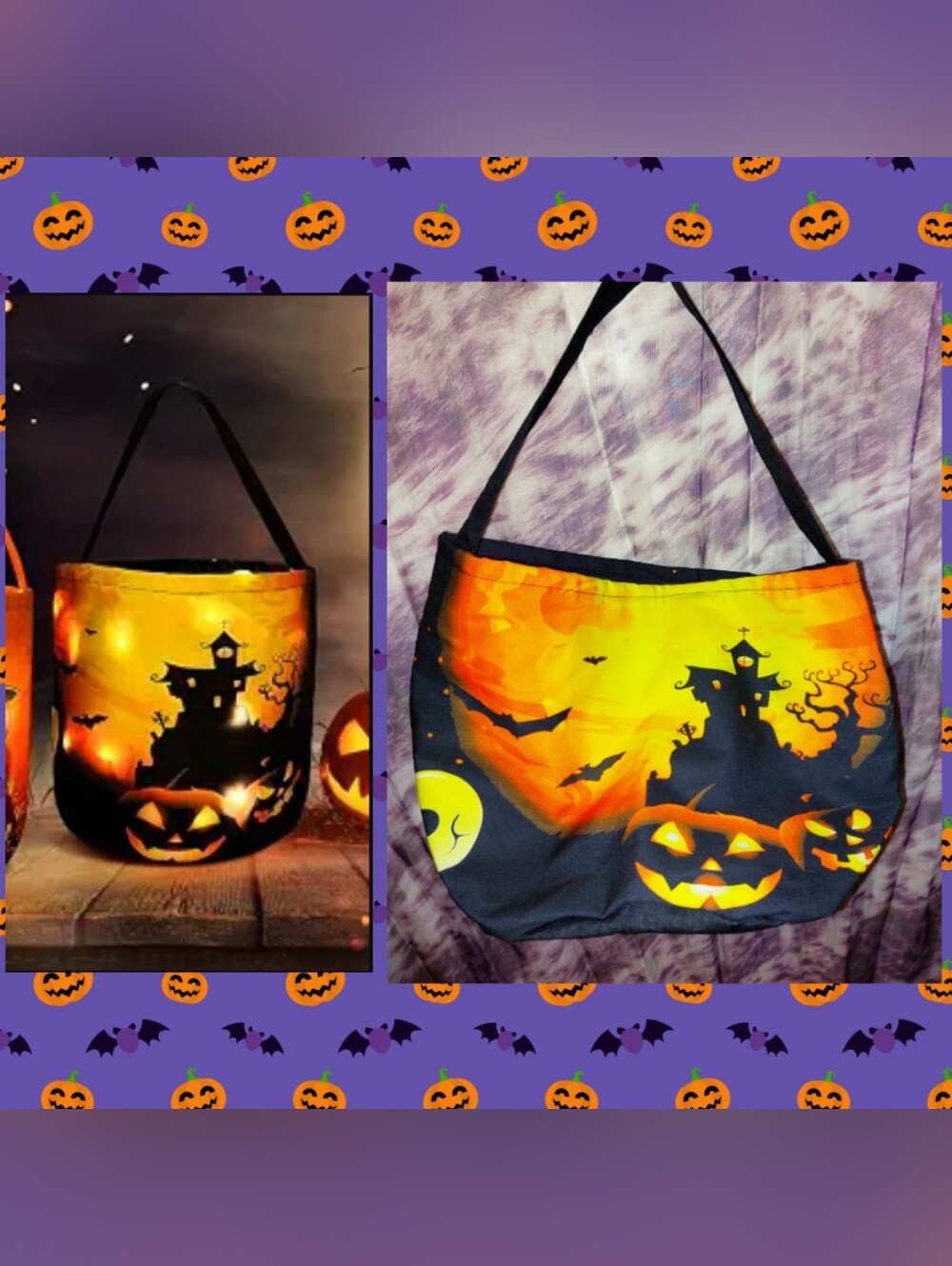 M/L Sz Blk/Multiclr Halloween Reusable Trick or Treat Fabric Bucket w/LED Lights
